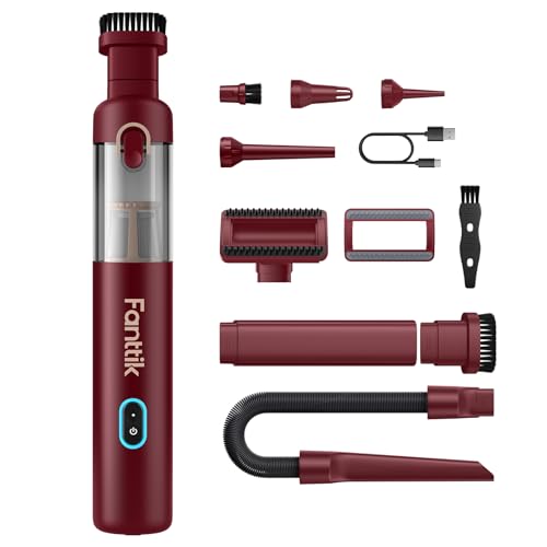 Fanttik Slim V8 APEX Car Vacuum, 4-in-1 Portable Mini Cordless Vacuum with 19000pa Suction Power for Pet Hair, Type-C Charge, One-Touch Empty for Car, Office Desk, Keyboards (Red) - color: Red