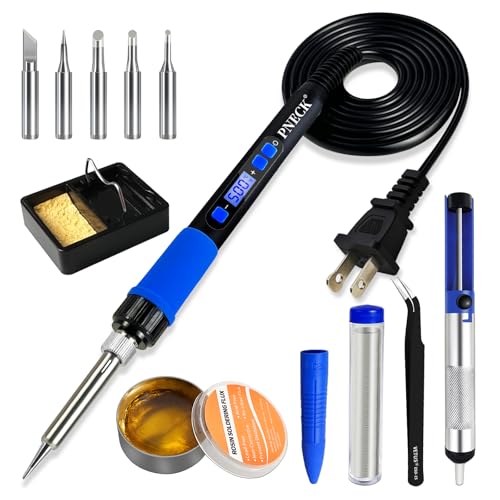 Soldering Iron Kit, 80W Soldering Iron Pen with Adjustable Temperature, LCD Display, ON/OFF Switch, 5 Tips, Solder Wire, Stand with Sponge, Pump, Paste, Tweezer, Blue