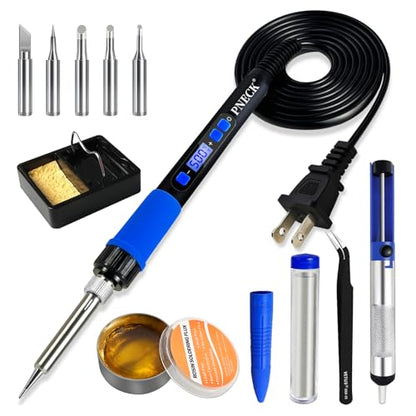 Soldering Iron Kit, 80W Soldering Iron Pen with Adjustable Temperature, LCD Display, ON/OFF Switch, 5 Tips, Solder Wire, Stand with Sponge, Pump, Paste, Tweezer, Blue