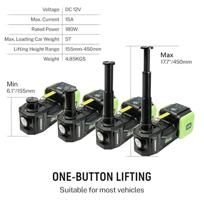 Electric Car Jack 5 Ton 11000lbs 4 in 1 12V Hydraulic Floor Jack Kit with Electric Impact Wrench & Tire Inflator Pump Digital Display Lift Range 6.1-17.7 Inch for SUV Sedan Truck Emergency Tire Change