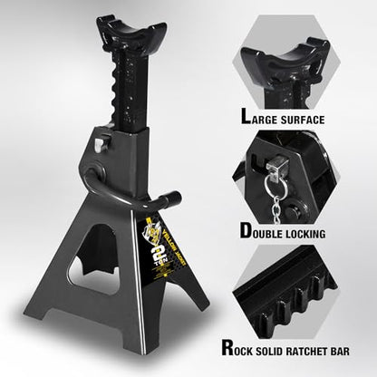 YELLOW JACKET Jack Stands 2 Ton with Double Locking for Lifting Car SUVS, 4400 lb Capacity, Heavy Duty Steel, 1 Pair, Black