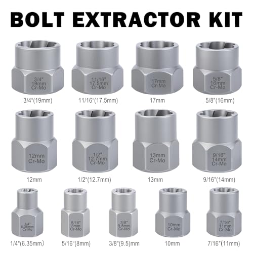 Bolt Extractor Kit, 14 PCS Impact Bolt & Nut Remover Set with 3/8 Inch Adapter, Upgrade Stripped Bolt Extractor Socket Set with Portable Tool Box, Easy Out for Rusted, Damaged, Round Bolt Nuts Screws