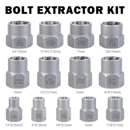 Bolt Extractor Kit, 14 PCS Impact Bolt & Nut Remover Set with 3/8 Inch Adapter, Upgrade Stripped Bolt Extractor Socket Set with Portable Tool Box, Easy Out for Rusted, Damaged, Round Bolt Nuts Screws
