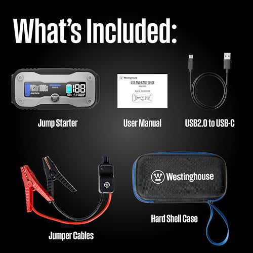 Westinghouse 1500A Portable Jump Starter & USB Power Bank - 12V Car Battery Booster Pack Jump Box for Up to 6.0L Gas & 3.0L Diesel Engines, Bright LED Flashlight, IP65 Rated Waterproof Housing - size: 1500A