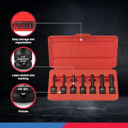 NEIKO 01130B 3/8" Drive Allen Socket Set, 7 Piece, 3 Inch, 3/8” Impact Hex Bit Socket Set, Metric Hex Driver 4 mm to 12 mm, Chrome-Moly Cr-Mo Impact Grade - style: Metric
