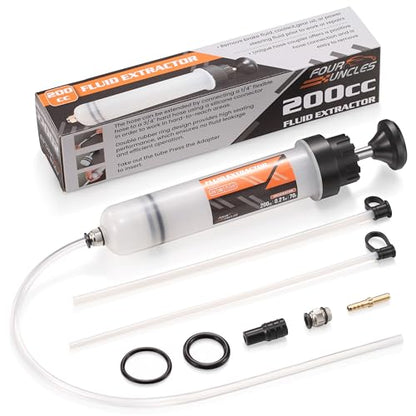 FOUR UNCLES Fluid Transfer Syringe with Flexible Hose for Oil Service | Cleaner Fluid Service, Flexible Reach Design, Precise Transfer Control, Reduce Spills, DIY Garage Essential - size: 200cc(58cm hose)