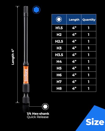 toolant Impact Hex Head Allen Wrench Drill Bit Set 10pcs (Metric), 1/4" Hex-Shank S2 Steel Hex Bits Set, CNC Machined Tips with Magnetism, 4" Long with Storage Box - size: 1.5mm-8mm(10pcs)