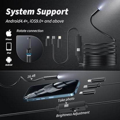 Endoscope Camera with Light, 1920P HD Bore Scope Borescope with 8 Lights, Waterproof 16.4FT Semi-Rigid Cord for Pipe Inspection, Industrial Endoscope for Phones(Black) - style: Single Lens