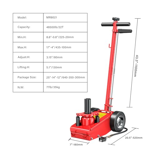 22 Ton 3-Position Air Hydraulic Floor Jack, 225mm - 435mm 44000lbs Pneumatic Hydraulic Heavy-Duty Truck Jack Air-Operated Axle Bottle Jack Service Repair Lifting Tool for Garages Repair Shops