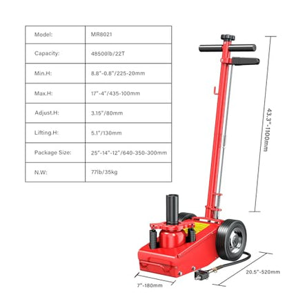 22 Ton 3-Position Air Hydraulic Floor Jack, 225mm - 435mm 44000lbs Pneumatic Hydraulic Heavy-Duty Truck Jack Air-Operated Axle Bottle Jack Service Repair Lifting Tool for Garages Repair Shops