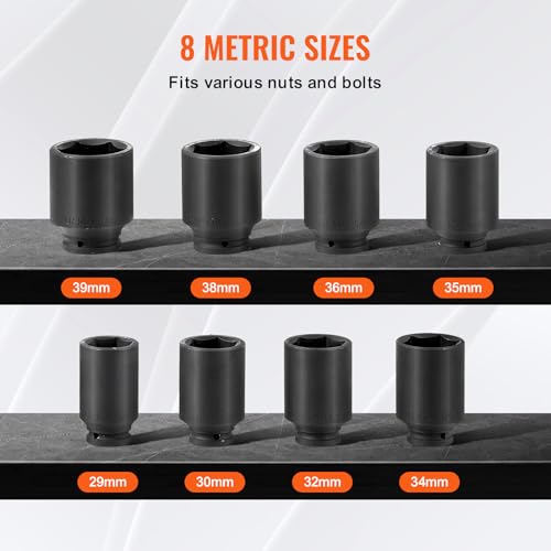 VEVOR Axle Nut Impact Socket Set, 1/2" Drive Deep 12-Point 8-Piece Metric Spindle Socket Set, CR-MO Heat Treated Large Socket Set with Storage Case, Auto Repair, Removing or Installing Axle Nuts - style: 1/2" 8PCS 12PT CR-MO