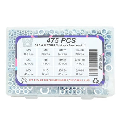 475 Pcs Metric and SAE Rivet Nut Kit, M3 to M10, 6#32 to 3/8 | Zinc-Plated Carbon Steel, M3-0.5 M4-0.7 M5-0.8 M6-1.0 M8-1.25 M10-1.5, 6#32 8#32 10#24 1/4-20 5/16-18 3/8-16 - size: M & SAE Kit (475 Pcs)