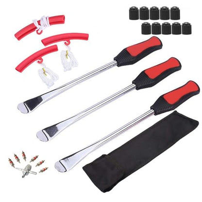 Tire Spoon Lever, 14-1/2" Professional Steel Tire Changing Tool for Motorcycle, Dirt Bike 3Pcs Iron Tool Kit with Rim Protector, Valve Cores Set