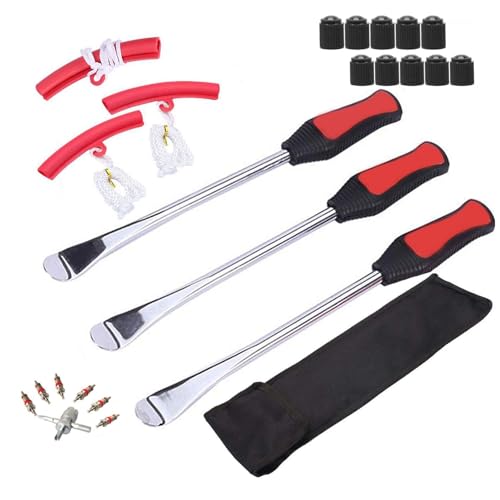 Tire Spoon Lever, 14-1/2" Professional Steel Tire Changing Tool for Motorcycle, Dirt Bike 3Pcs Iron Tool Kit with Rim Protector, Valve Cores Set