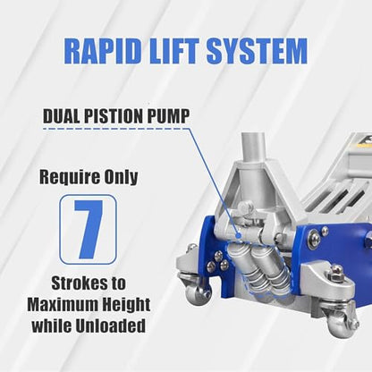 3 Ton (6,600 lbs) Low Profile Aluminum Hydraulic Racing Floor Jack with Dual Piston Quick Lift Pump, Lifting Range 3.74" to 18.9", for Cars, Trucks and SUVs, Blue - color: blue