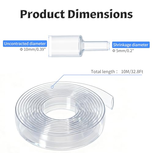 10M Heat Shrink Tubing, 10mm OD, 2:1 Ratio, Clear | Polyolefin Shrinkable Tube, Waterproof Electrical Insulation Tubing, for Wire Cable and Electronic Component Protection - size: 10M Φ10 Clear