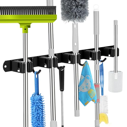 voze 5 Racks and 4 Hooks Mop and Broom Holder Wall Mount, Self Adhesive Heavy Duty Broom Hanger Organizer Storage Tool Racks for Kitchen Garden Laundry Garage Black - color: Black, size: 5 Racks 4 Hooks