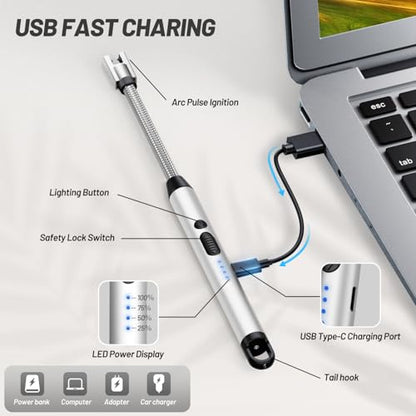 VEHHE Electric Candle Lighter, Plasma Arc Windproof BBQ Lighters with Touch Lock, Electric Lighter USB C Rechargeable with 360° Flexible Neck for Fireworks Camping Festivals (Silver) - color: Silver