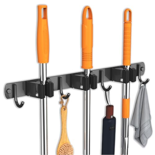 CUXIXA Mop and Broom Holder Wall Mount, Upgraded Broom Organizer Wall Mount, Stainless Steel Broom Hanger Wall Mount for Kitchen Garden Laundry Room Decor (3 Racks with 4 Hooks Black) - color: Black, size: 3 Racks with 4 Hooks