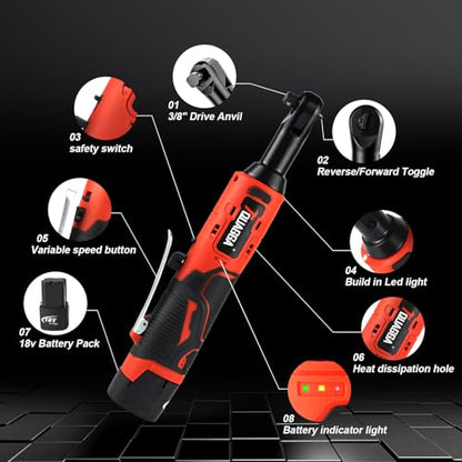 3/8" Cordless Electric Ratchet Wrench Set, 18V Power Ratchet Tool Kit With 2 Packs 2000mAh Battery And Charger, 45 FT-LBS Battery Powered Wrench with LED Lights - size: 18 V Standard
