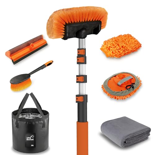 LAANPOLE 12FT Car Wash Brush with Long Handle, Car Cleaning Kit with Soft Bristle Wash Brush, Microfiber Cleaning Mop, Window Squeegee, Mitt, Wheel Brush, Bucket, Drying Towel for RV, Truck, Boat - size: 12FT