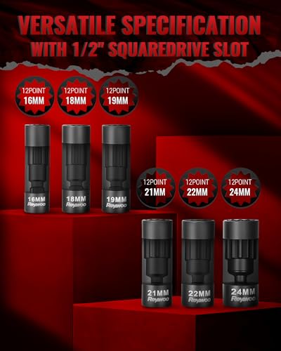 Reywoo Strut Nut Socket Set, 8Pcs Suspension Strut Spreader Tool 16mm 18mm 19mm 21mm 22mm 24mm with 12 Point 1/2" Drive, Shock Absorber Socket for Easy Remove Strut Nuts