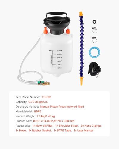 VEVOR Transmission Fluid Pump, 3 L Capacity, Manual Fluid Transfer Pump with 47 in Long Horse & HDPE Tank, Transmission Oil Pump with PTFE Tape, Manual Automotive Oil Filling System for Cars, Boats
