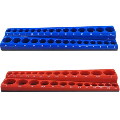 2PCS Magnetic Socket Organizer Set - 3/8 Inch Drive Metric SAE Socket Holder Tool Trays Magnetic Sockets Storage Rail Holds 56 Standard and Deep Sockets for Tool Box Carts Drawer (3/8") - size: 3/8"