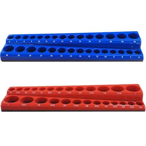 2PCS Magnetic Socket Organizer Set - 3/8 Inch Drive Metric SAE Socket Holder Tool Trays Magnetic Sockets Storage Rail Holds 56 Standard and Deep Sockets for Tool Box Carts Drawer (3/8") - size: 3/8"