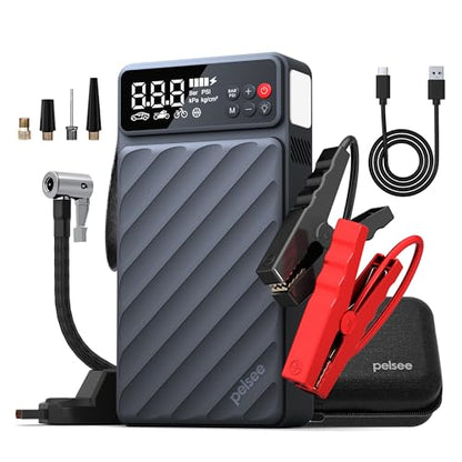 Pelsee 6000A Jump Starter with Air Compressor, Up to 10L Gas/8L Diesel Car Jump Box with 45W Fast Charge, Smart Tire Inflator & 800LM LED Light