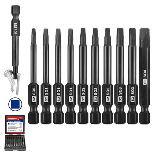 WORKPRO 10pcs Square Bit Set, CNC Machined S2 Steel Magnetic Screwdriver Bits Set, 1/4 Inch Hex Shank Driver Bits, 2.3 Inch Long Screwdriver Bits Set with Storage Box - color: Square