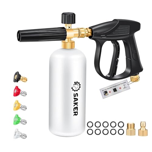 Saker Short Pressure Washer Gun with Foam Cannon, M22-14 to M22-15 and M22-14 to 3/8 Inch Brass Adapter Connector, with 5 Pressure Washer Nozzles - size: Two-Piece Set