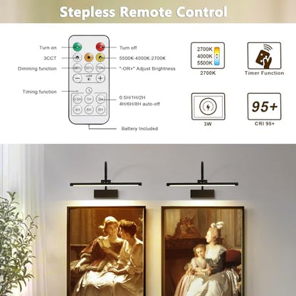 JOOSENLUX Wireless Picture Light - Battery Operated Black Wall Light with Remote Control - Dimmable Timer - 15.94” Display - Flexible Neck Swing Arm - Art Gallery Light - color: Black, size: Model B