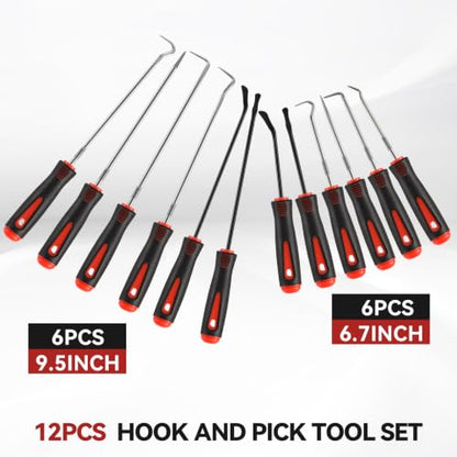 12PCS Automotive Pick and Hook Tool Set, Professional Mechanic Pick Set | 4 Flat Oil Seal Hooks & 8 Hook Picks, Dual Length Design, Heat-Treated High Carbon Steel & Premium Metal, Ergonomic Grip - color: Red