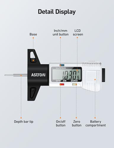 AstroAI Tire Tread Depth Gauge, LCD Digital Tire Tread Depth Gauge Tool with Inch and Millimeter Conversion of 0-1 in for Car Truck SUV Motorcycle Bus