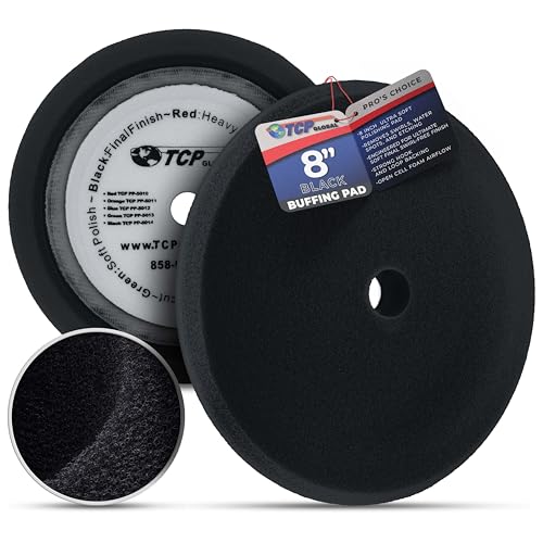TCP Global 8" Black Foam Buffing Pad Extra Fine Finishing Polish Hook and Loop Backing - Buffing Pad for Automotive, Marine, Truck, RV & Compound Cutting - color: Black