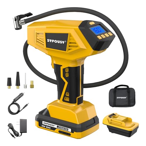 Upgraded Cordless Tire Inflator Portable Air Compressor - Adapter Compatible with DeWalt 20V Battery, With Rechargeable Battery, 160 PSI 4X Fast Air Pump, Dual Power Modes for Car, Motorcycle, E-Bike - color: Black Yellow