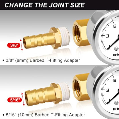 0-15Psi Fuel Pressure Test Kit,1-1/2" Dial Size,Glycerin Filled,with 1/8" NPT Pressure Gauge, Inline Fuel Pressure Regulator with Gauge for Car,with 3/8'' 5/16'' Barb Mounting Connection - size: 0-15PSI(White), style: T -Fitting Mount (11PCS Kit)