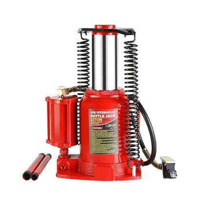 Air Hydraulic Bottle Jack, 32 Ton All Welded Bottle Jack, Air-Operated Low Profile Bottle Jack with Handle, Lifting 10.4-16.3", Bottle Jack for Sedans SUV Travel Trailer Minivan Bus RV Red - size: 32 T-Red