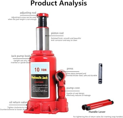 Hydraulic Welded Bottle Jack, Welded Hydraulic Car Bottle Jack Red Heavy Duty Bottle Jacks for Auto Repair House Lift (10T)