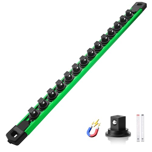 Reniteco Magnetic Socket Organizer, 3/8” Aluminum Alloy Rail, 14 Clips | Heavy-Duty Socket Rails, Removable 360° Swivel ABS Clips, Magnetic Base, Tool Box Drawer or Wall Mount - color: Green, size: 3/8-inch Drive