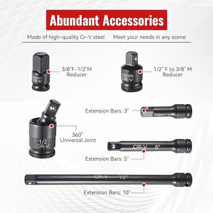 Reniteco 25-Piece 1/2" Drive Socket Set, SAE (3/8"- 1-1/2"), Deep Sockets, Extension Bars, 1/2" F to 3/8" M Reducer,3/8" F to 1/2" M Reducer, Universal Joint, 6 Point Design, Cr-V - size: 1/2" 25 PCS SAE