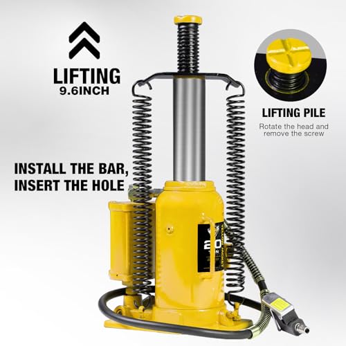 YELLOW JACKET 20 Ton Pneumatic Bottle Jack – Heavy-Duty Air/Hydraulic Lift for Trucks & Autos, Manual & Air Pump Operation, Yellow