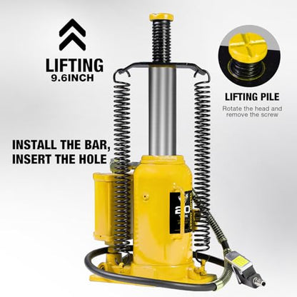 YELLOW JACKET 20 Ton Pneumatic Bottle Jack – Heavy-Duty Air/Hydraulic Lift for Trucks & Autos, Manual & Air Pump Operation, Yellow