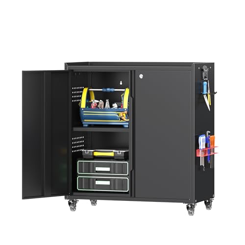 34" Metal Garage Storage Cabinet with Wheels, Adjustable Rolling Tool Storage Cabinet with Lock, Steel Locking Tool Cabinet with Doors and Shelves for Garage, Warehouse（Black） - color: Black, size: 34.3"H Tool Cabinet(2-Door)