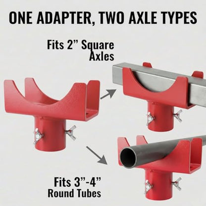 2-in-1 Bottle Jack Adapter with Triple-Lock for 3"/4" Round & 2" Square Axle Tubes - Universal Wobble-Free Fit for 2T-12T Bottle Jacks, Heavy Duty 1/4" Steel Saddle for RV, Truck, Trailer - color: Red