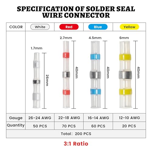 RED WOLF 200 PCS Solder Seal Wire Connector Kit 26-10 Gauge AWG, Self Soldering Wire Heat Shrink Butt Splice Waterproof Insulated Electrical Joint Wire Terminals for Marine Automotive Boat Truck