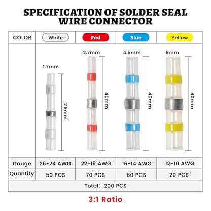 RED WOLF 200 PCS Solder Seal Wire Connector Kit 26-10 Gauge AWG, Self Soldering Wire Heat Shrink Butt Splice Waterproof Insulated Electrical Joint Wire Terminals for Marine Automotive Boat Truck