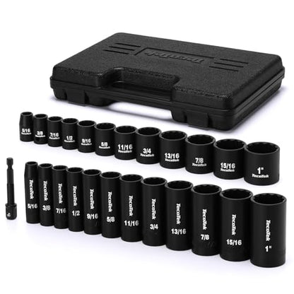 TecoTek 25 Pieces 3/8-Inch Drive Deep and Shallow 12-Point Impact Socket Set, CR-V, 5/16" - 1", SAE, 1/4"-3/8" Drill Adapter - size: 8mm-25mm(deep & Shallow)