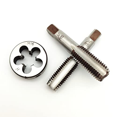 AtticZone M16 x 2.0 Metric Hand Thread Tap and Die Set, Right Hand 16 * 2.0, Alloy Tool Steel, 1 Taper Tap, 1 Plug Tap, 1 Round Die for Metal Working DIY Industrial - size: M16x2.0